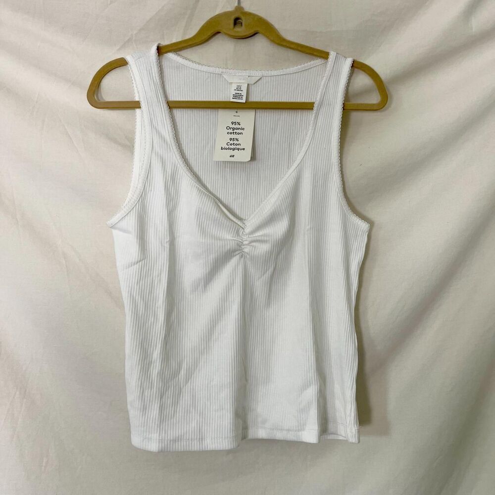H&M White Ribbed Ruched Tank Top Organic Cotton US XL